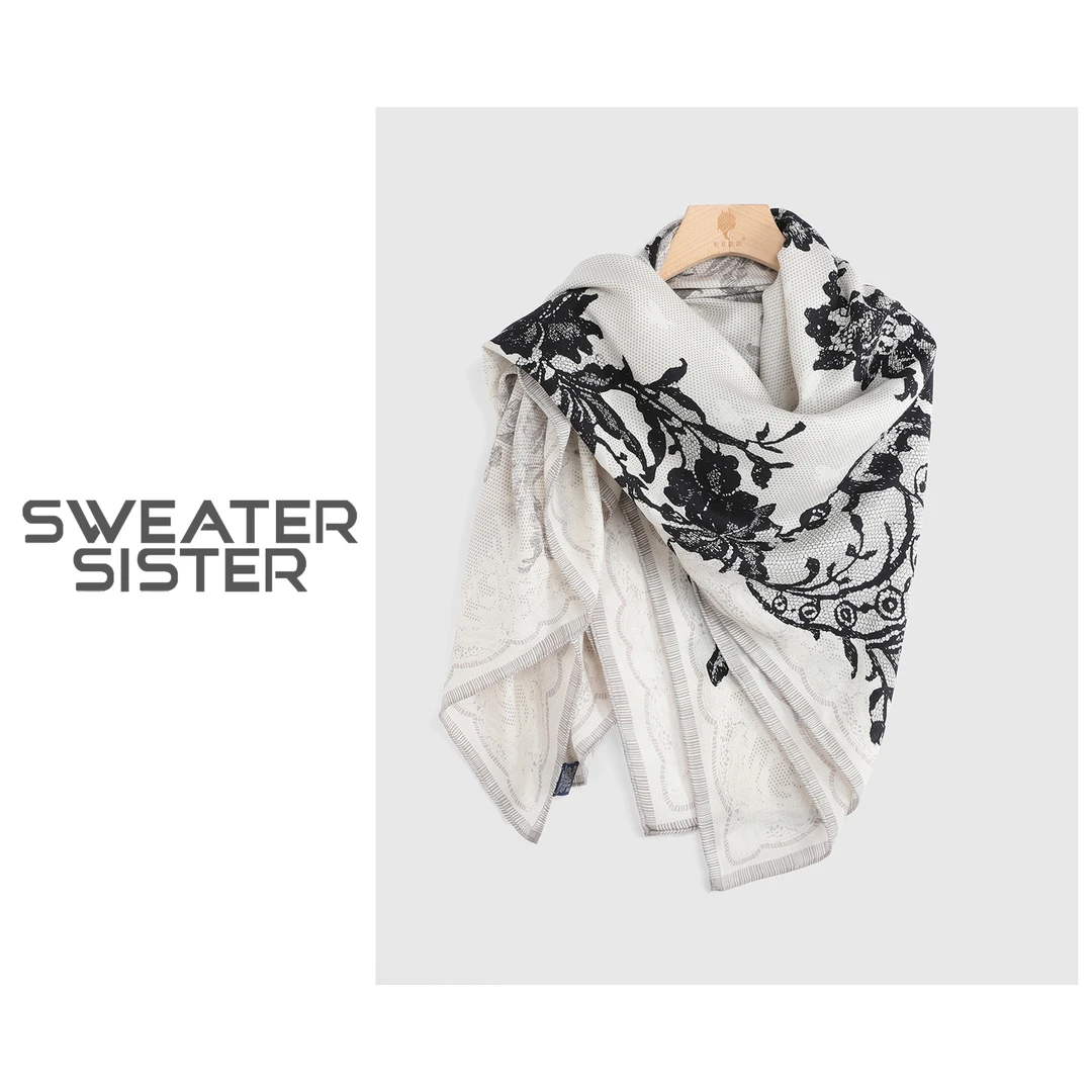 双面钻石纹丝毛方巾手工卷边复古披肩女916-01321