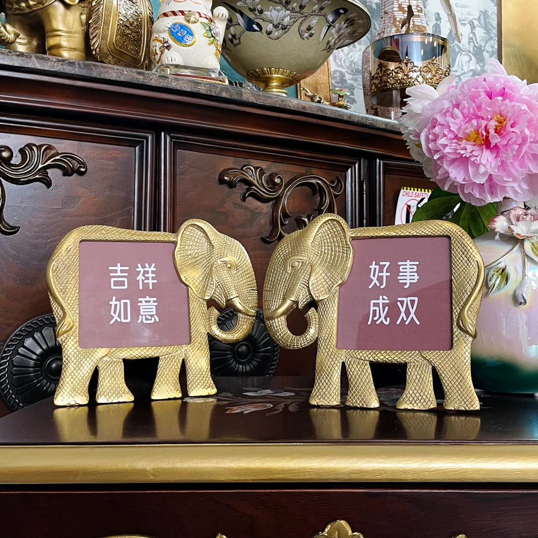 欧式轻奢黄铜雕刻大象玻璃相框手工陶瓷金色装饰摆件