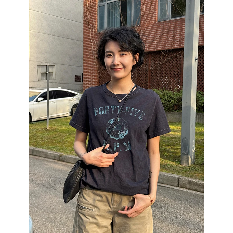 LANGQING 蓝色印花正肩夏季纯棉休闲圆领套头T恤43904#