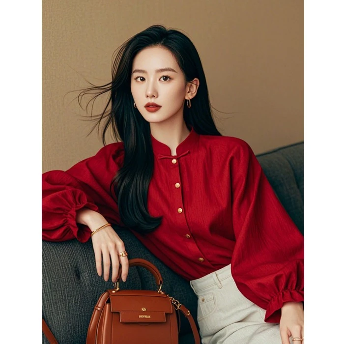 安可拉红穿搭新中式国风红色长袖衬衫女早春高级感上衣气质小衫