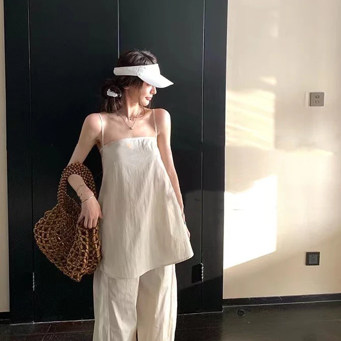 w11-极简静奢 法式复古小众吊带裙简约直筒休闲裤套装女夏