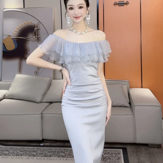 【小茵家】夏季新款一字领气质时尚性感收腰包臀连衣裙女神感