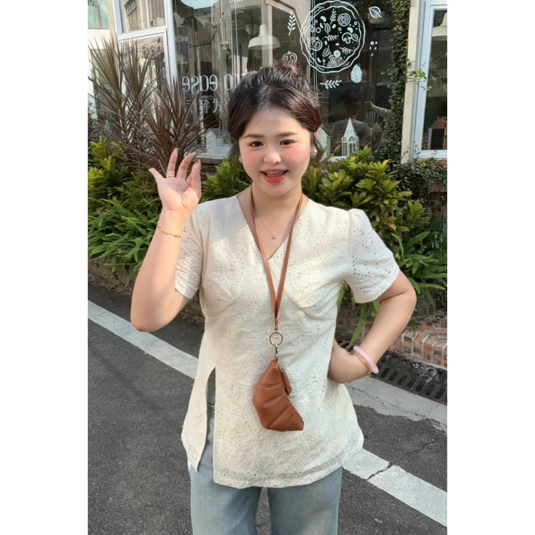 【青苍】【夜色米兰】大头婷微胖定制法式气质V收腰镂空刺绣短袖上衣