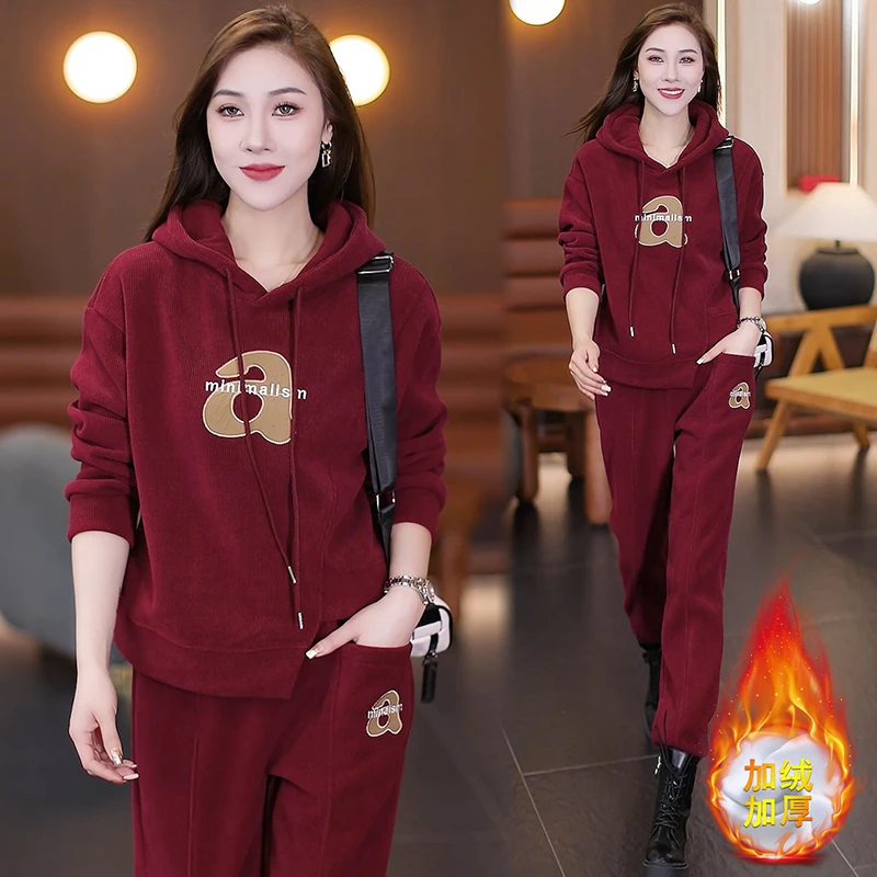 加绒加厚欧棉绒运动休闲套装女2025冬季新款连帽卫衣卫裤两件套潮