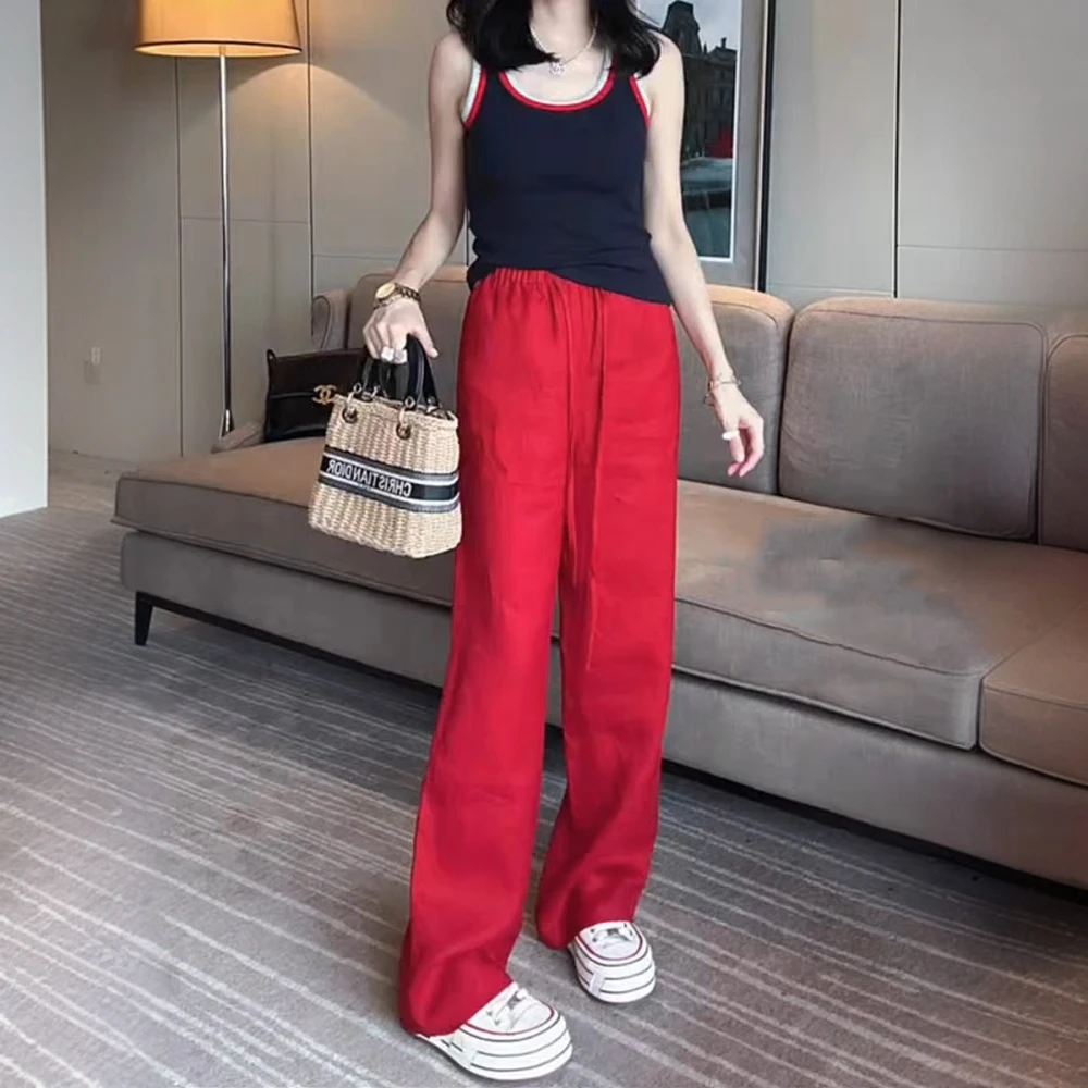 红色亚麻休闲裤女夏季薄款胖mm高腰宽松显瘦时尚百搭拖地阔腿裤子