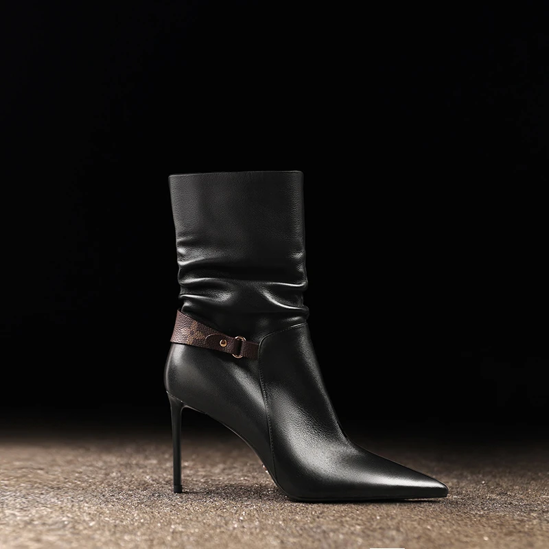 设计师款中筒靴气质细跟尖头真皮女靴子冬季新款洋气高跟短靴百搭