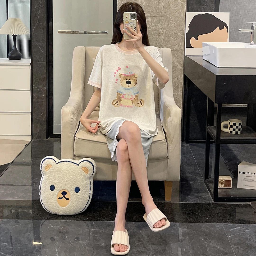 短袖睡衣女夏季可外穿2025新款大码凉感卡通可爱小彩熊套装家居服