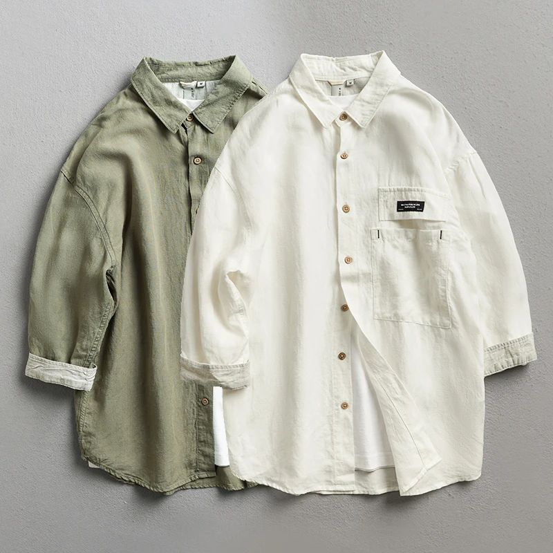 莱赛尔亚麻口袋7分袖纯色休闲宽松3006衬衫RZ上衣