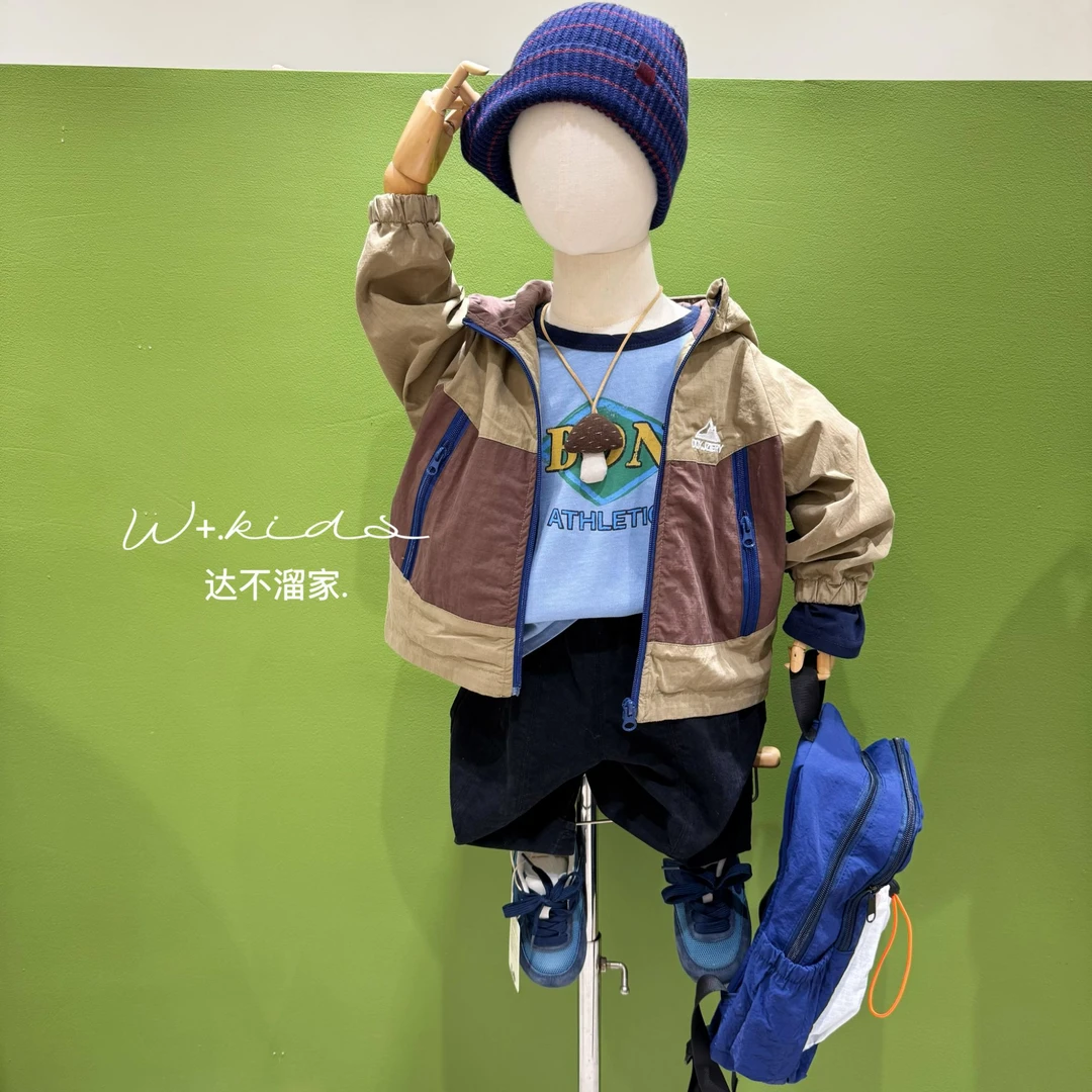 【W+韩系童装】秋款儿童韩版时尚男女宝可穿重工拼色连帽外套25239
