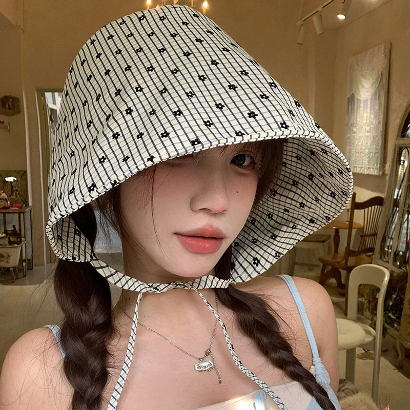 法式少女格子花朵渔夫帽女春夏季田园风大帽檐遮阳帽子遮脸防晒帽