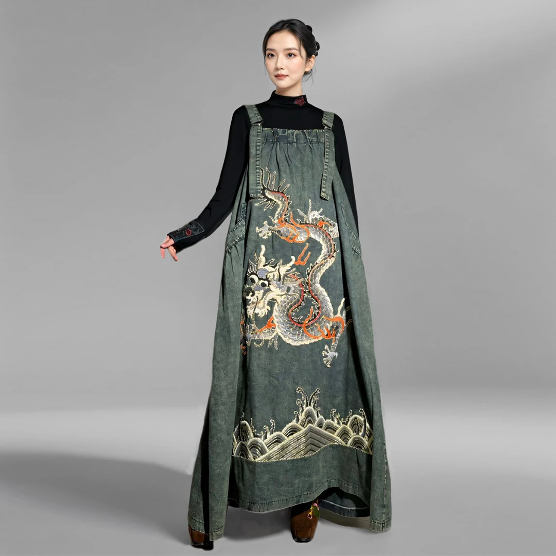 原创国风民族风重工刺绣老绣气质吊带牛仔裙连衣裙背心裙长裙女