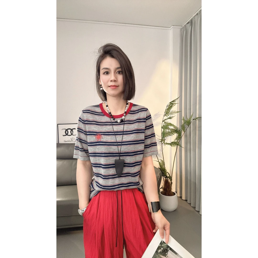 【韩玖薇】针织条纹简约高级感轻薄凉爽显瘦气质百搭韩版【588】