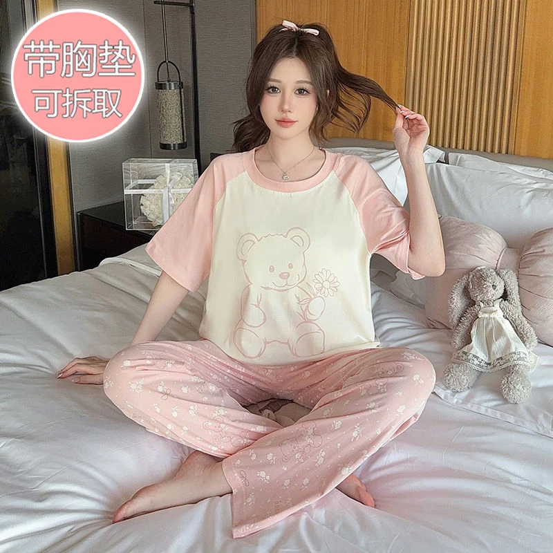 200斤睡衣女夏季纯棉短袖新款卡通少女带胸垫薄款外穿长裤家居服