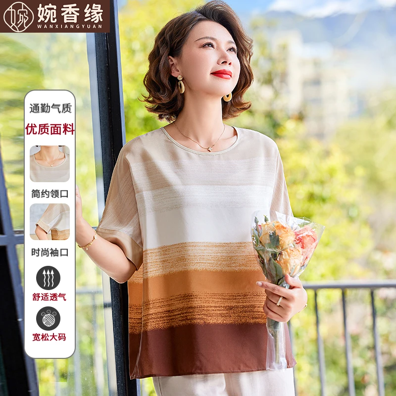 【经典条纹】妈妈夏装2025新款短袖上衣中老年女装夏季百搭宽松套装