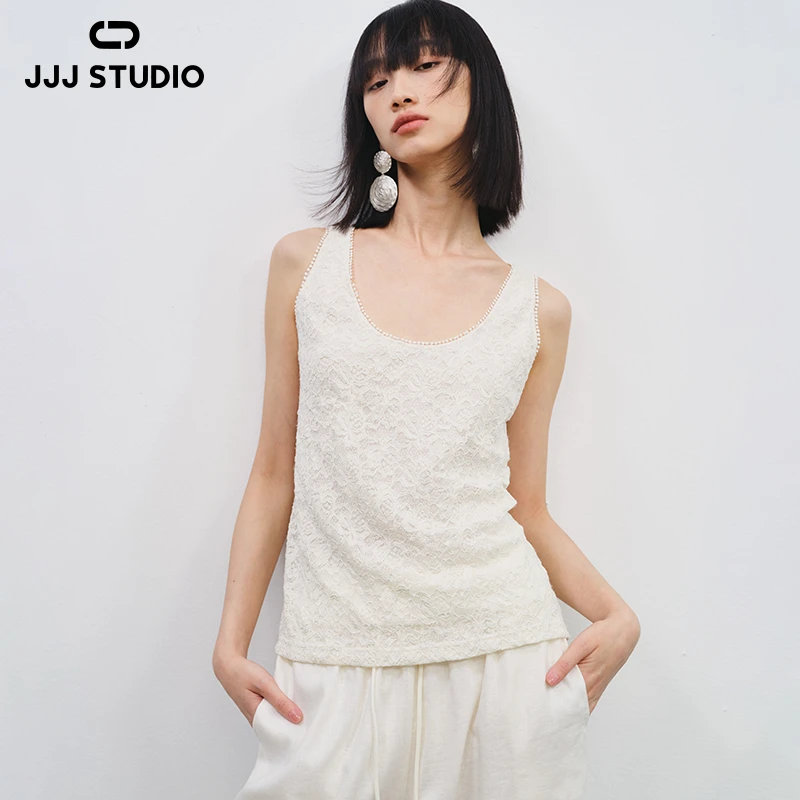JJJ STUDIO 米白色/黑色U字领蕾丝花纹工艺柔美背心女 JUWFR1N196