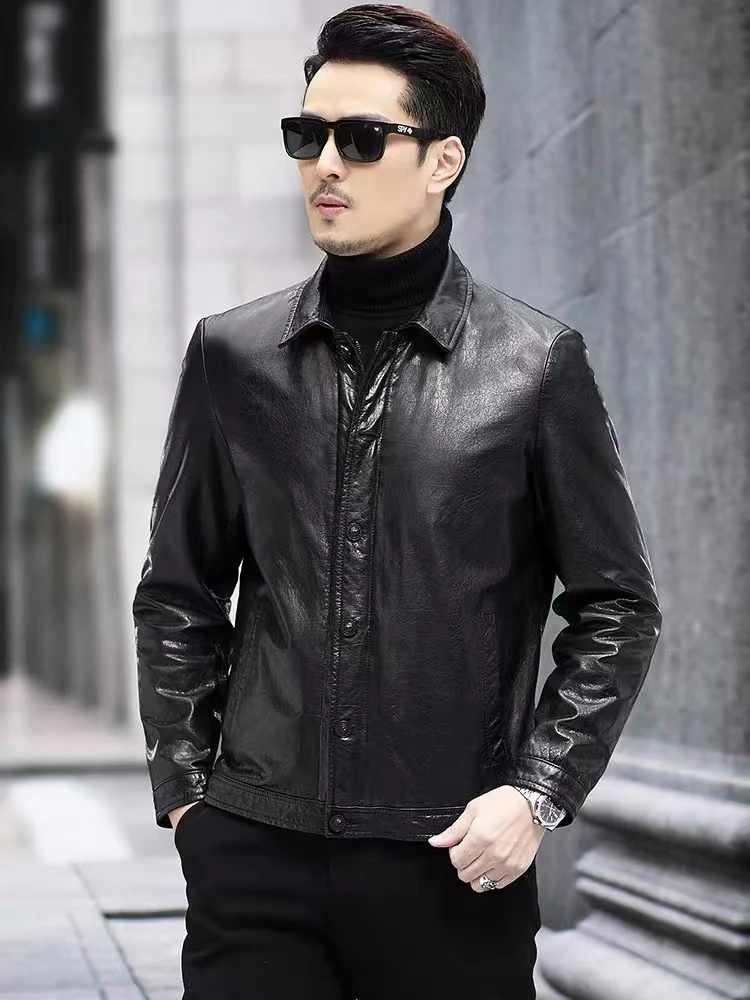 真皮头层小牛皮油蜡商务休闲翻领行政款春秋夹克气质魅力百搭