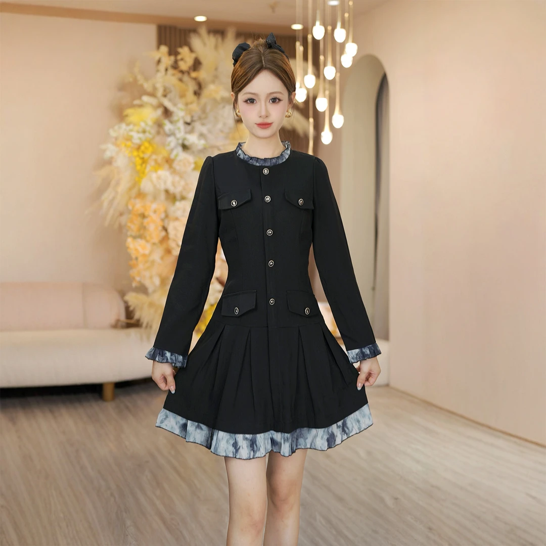 复古法式小香风连衣裙女2025新款气质拼接黑色收腰百褶A字裙6554