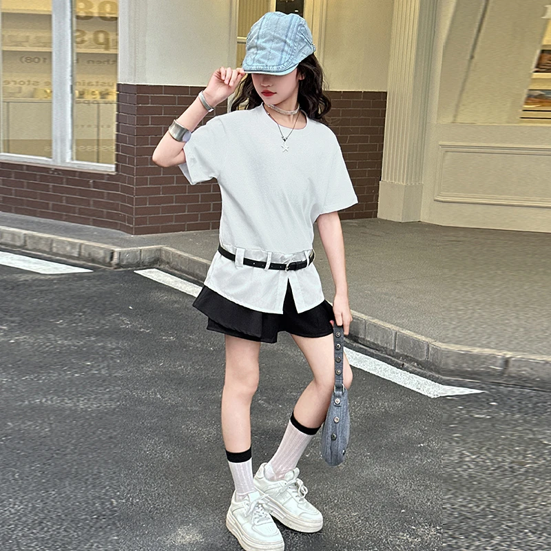 2025新款夏季时尚童装两件套女童百搭T恤送腰带休闲裤裙套装潮