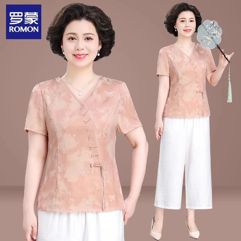 罗蒙新中式妈妈夏装套装国风小衫2025新款中老年女装夏季短袖上衣