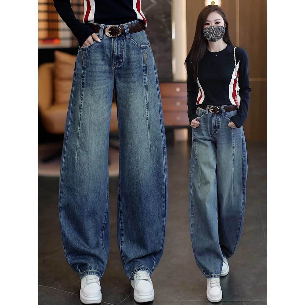 蓝色弯刀牛仔裤女秋季2025年新款小个子美式复古做旧阔腿香蕉裤子