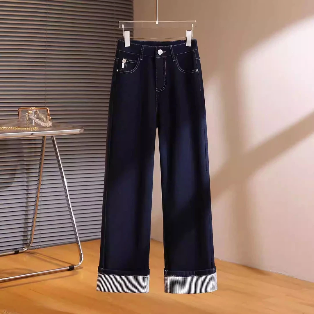 牛仔裤女2025春秋新款设计丹宁蓝翻边爆款裤子卷边宽松直筒阔腿裤