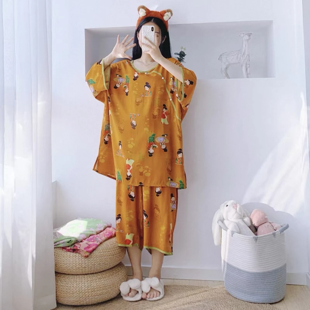 夏季短袖七分裤绵绸新中式睡衣女加大码国风宽松胖MM200斤家居服