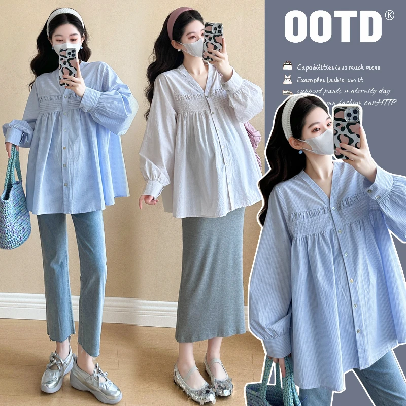 2025春季新款时尚V领褶皱孕妇衬衫设计感条纹长袖百搭显瘦衬衣潮