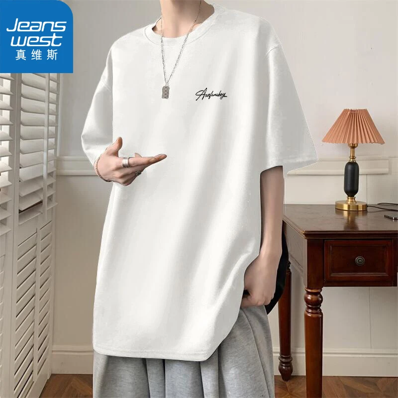 真维斯白色字母印花短袖t恤男2025新款夏宽松半袖休闲圆领