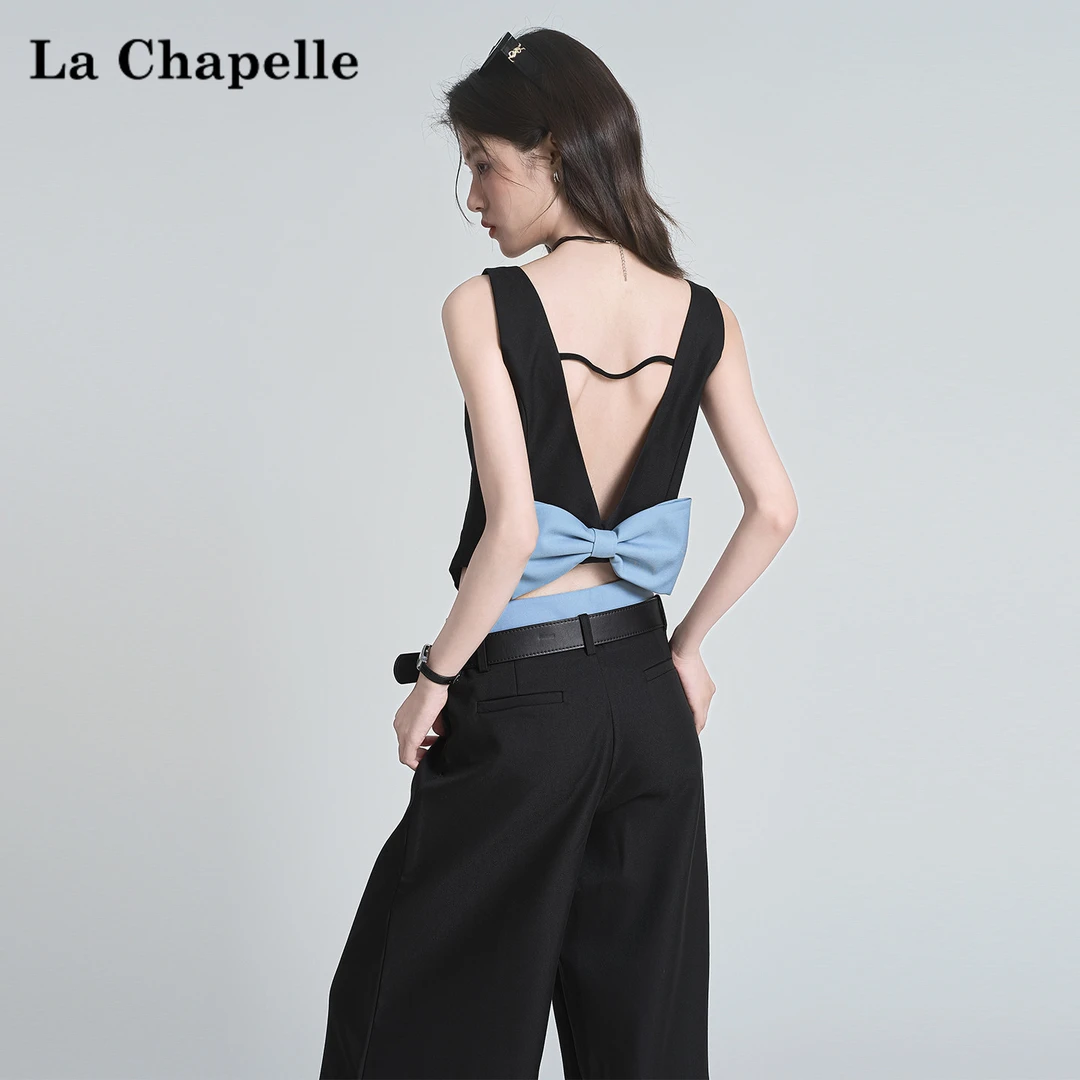 拉夏贝尔蝴蝶结撞色拼接美背无袖背心女夏季高腰阔腿裤时尚两件套