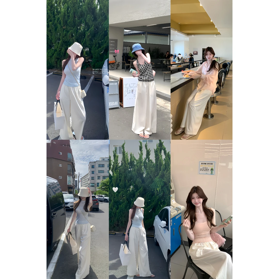 白水女 清透呼吸感 松紧腰阔腿裤女宽松慵懒垂坠感裤子B50651382