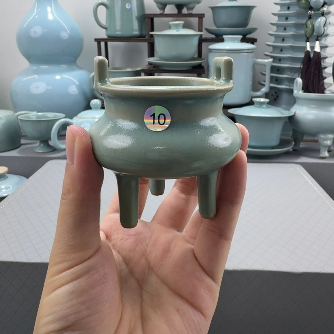 摆件微微瑕汝窑仿古釉高足线香炉