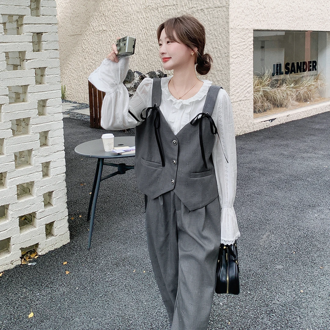 韩系慵懒风松弛感套装早秋新款假两件拼接上衣高腰阔腿裤两件套