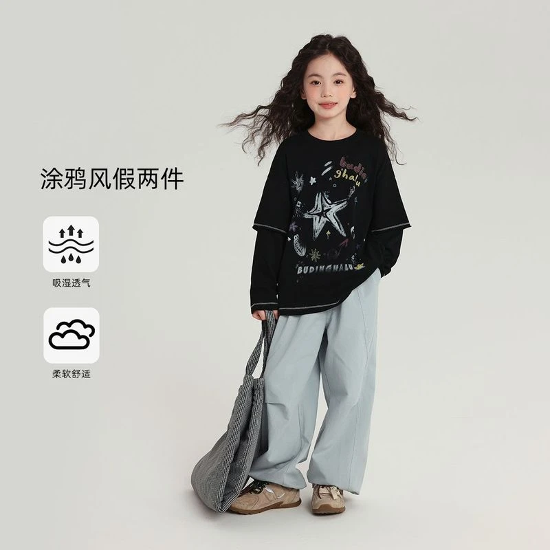 中大童童装秋装女童圆领长袖2025春秋款儿童棉质潮流原创印花卫衣