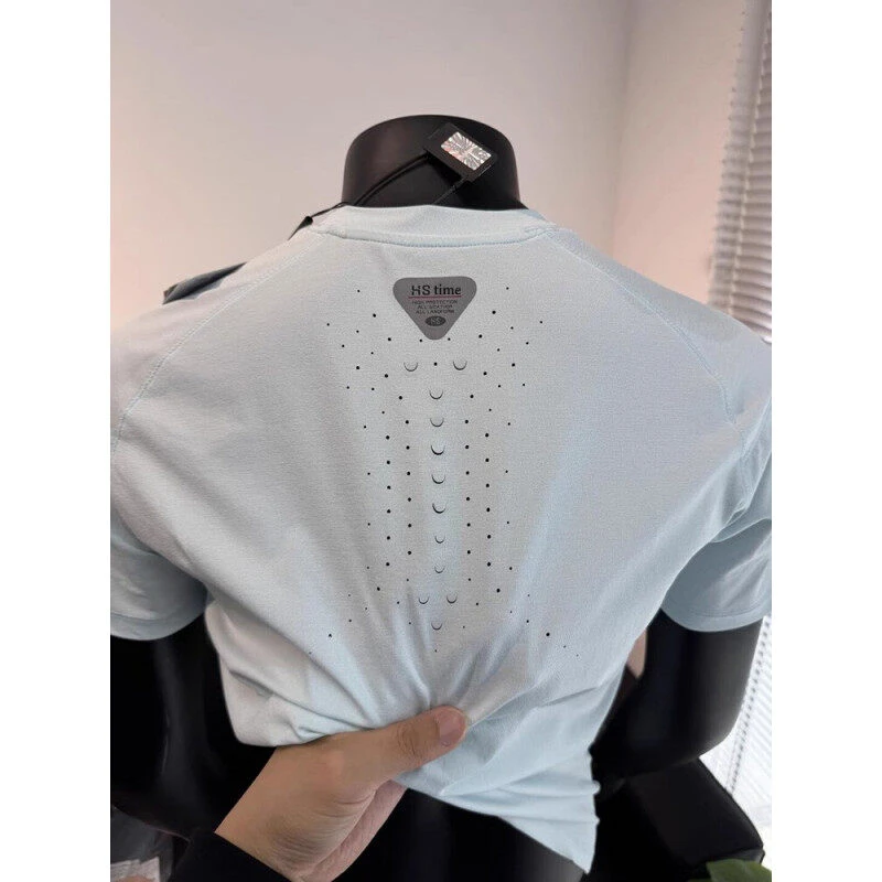 速干冰丝透气孔短袖T恤男士夏季薄款运动骑行健身潮牌高街五分袖