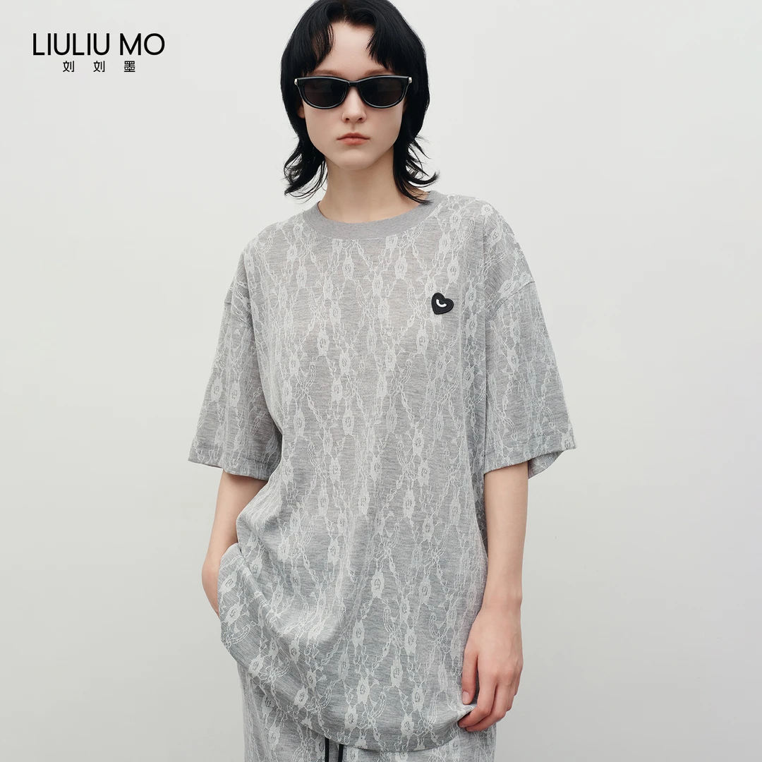 刘刘墨小众设计夏季时尚定制重工蕾丝精致休闲灰色百搭圆领T恤