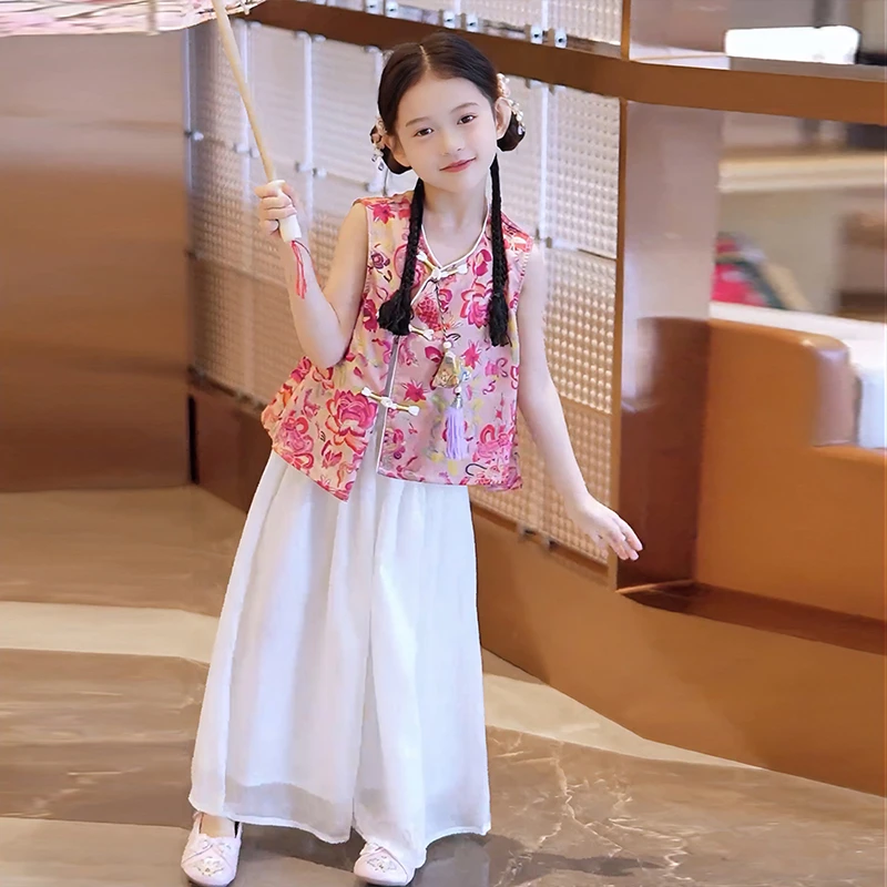 女童国风套装夏季2025新款儿童汉服夏装女孩盘扣背心阔腿裤两件套