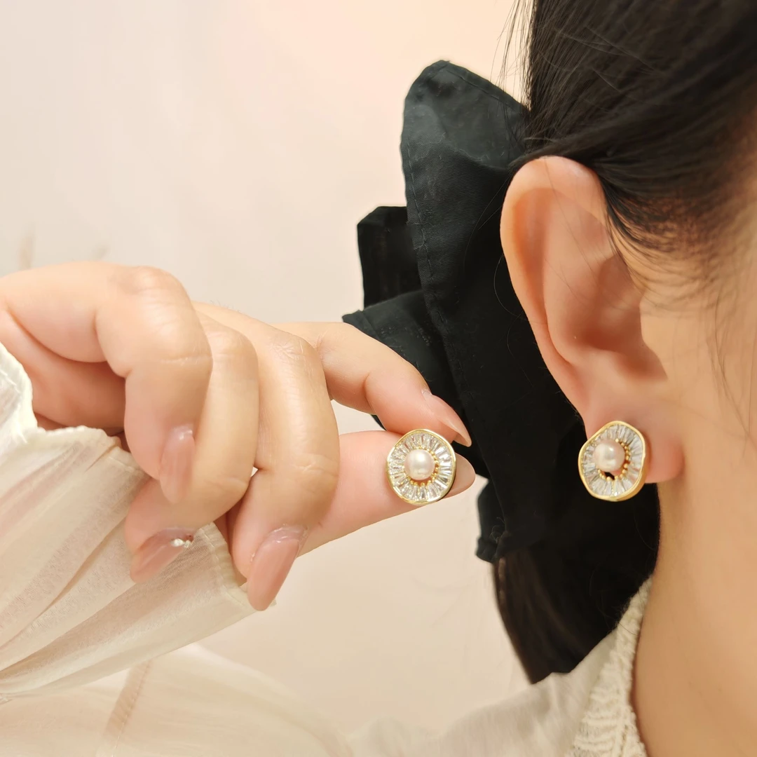铜合金锆石耳饰 S&L77珍珠耳钉复古法式时尚轻奢气质精致优雅