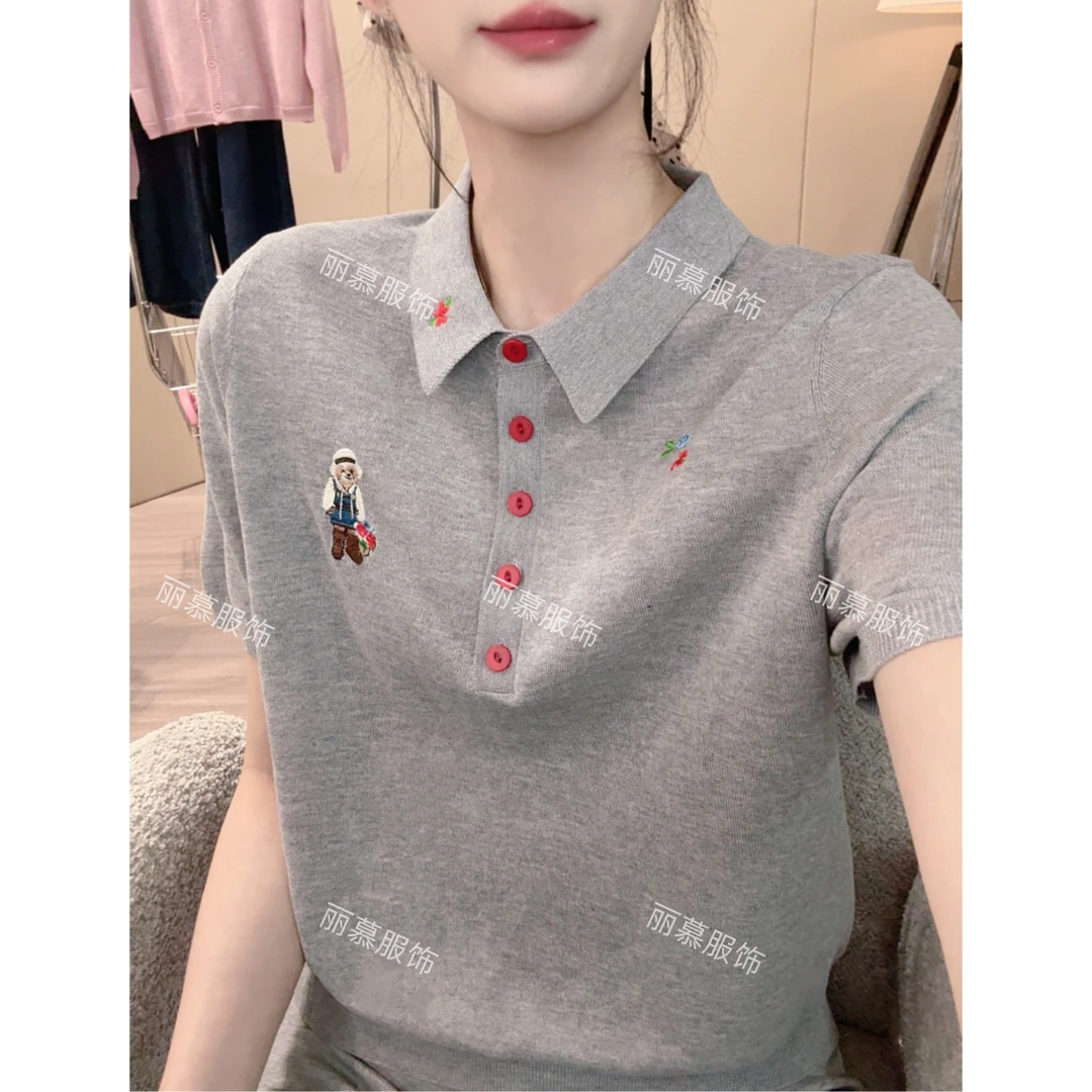 【小熊POLO领】重工小熊花朵刺绣单排扣POLO衫夏季薄款针织短袖1741
