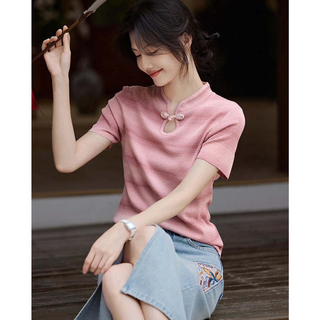 XWI/欣未2025夏季女款新中式立领渐变条纹针织衫短袖t恤女4553