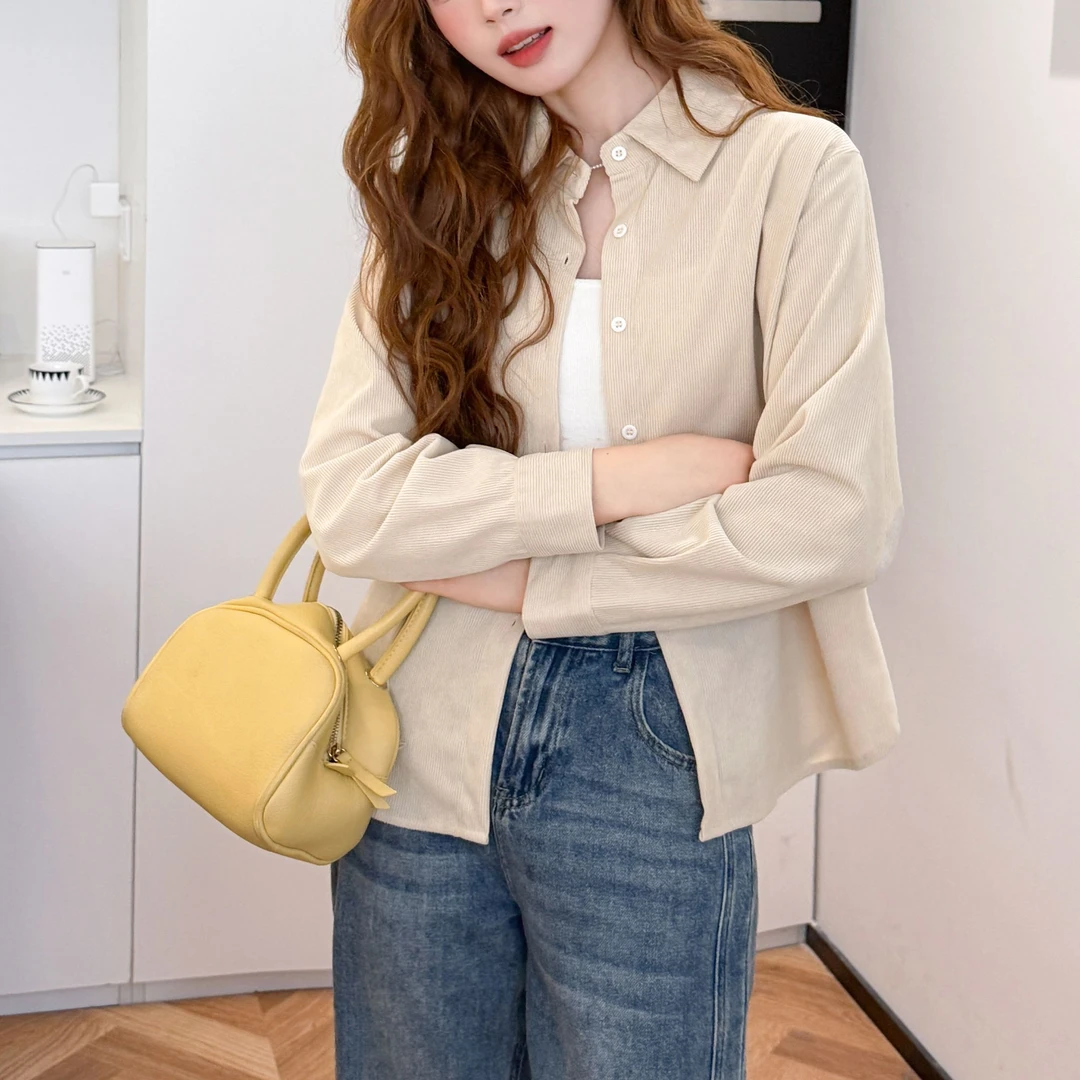 秋冬一体加绒加厚灯芯绒polo衬衫女纯色磨毛坑条衬衣宽松上衣外穿