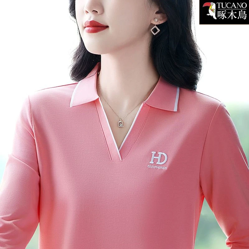 啄木鸟2025年新款翻领刺绣t恤女休闲POLO衫秋季长袖运动百搭上衣