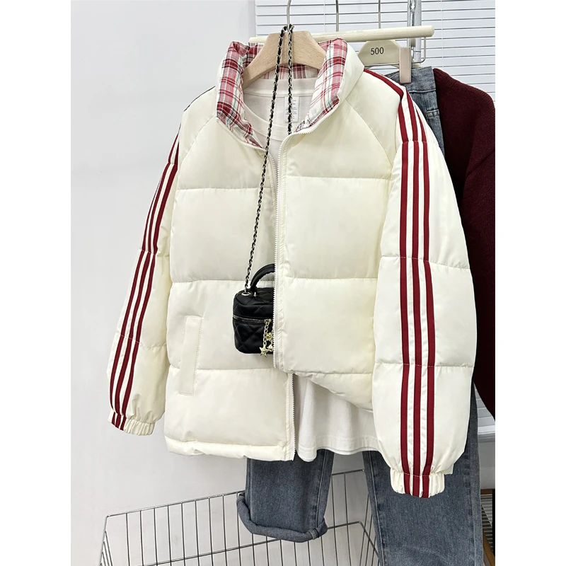 棉服男女款2025冬季加厚保暖宽松休闲三条杠格子拼接立领棉衣外套