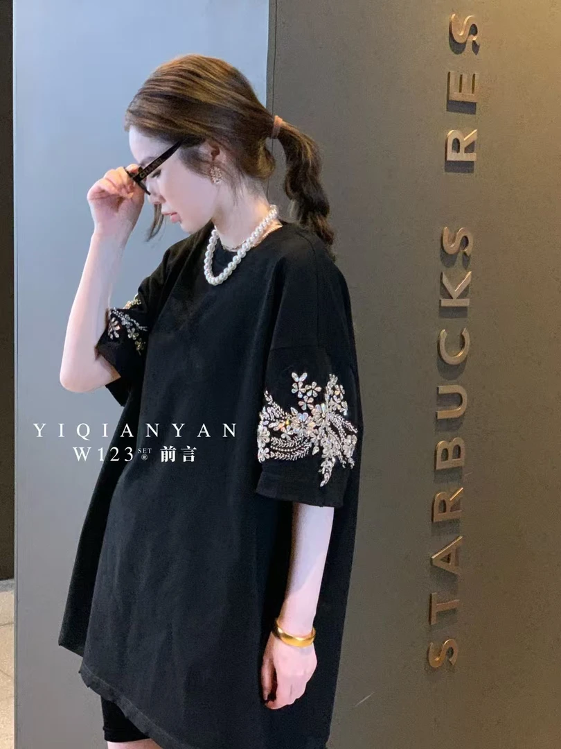 欧货W123正品新款女装时尚休闲重工镶钻宽松短袖T恤中长t裙女1003