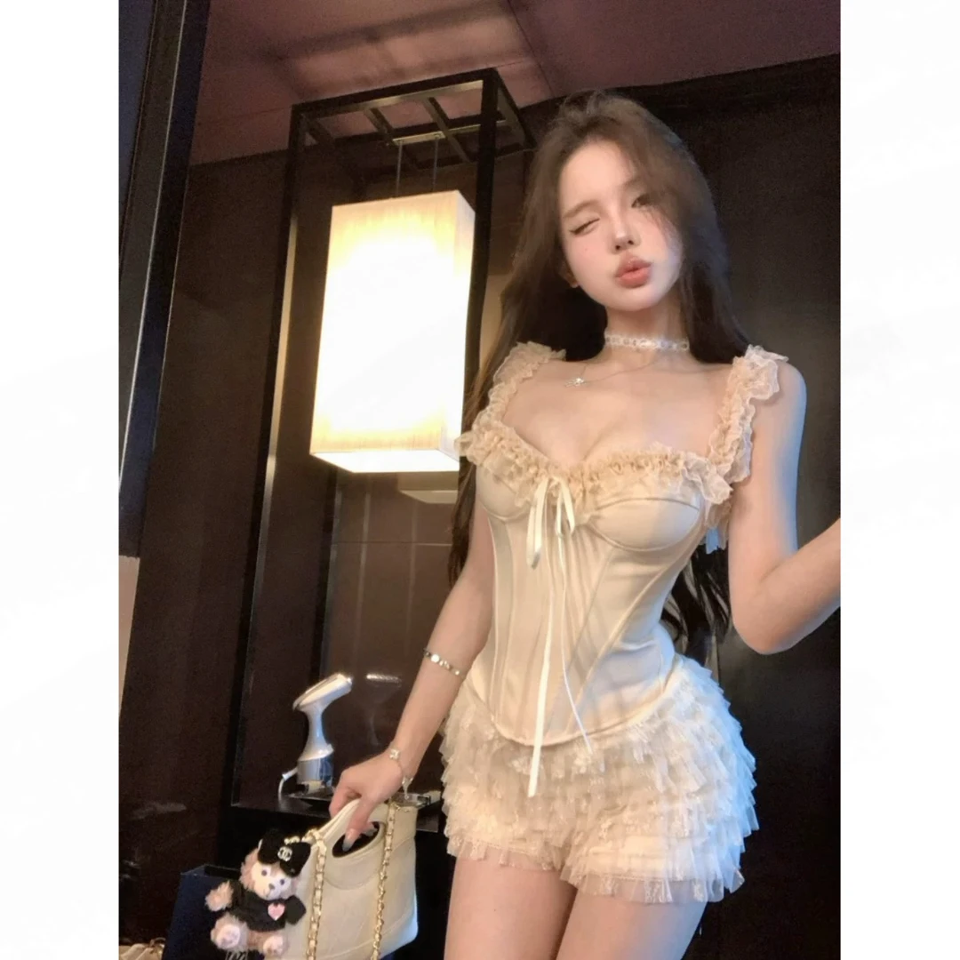 名媛纯欲风粉色吊带背心女夏季蕾丝花边鱼骨胸衣辣妹修身甜美上衣