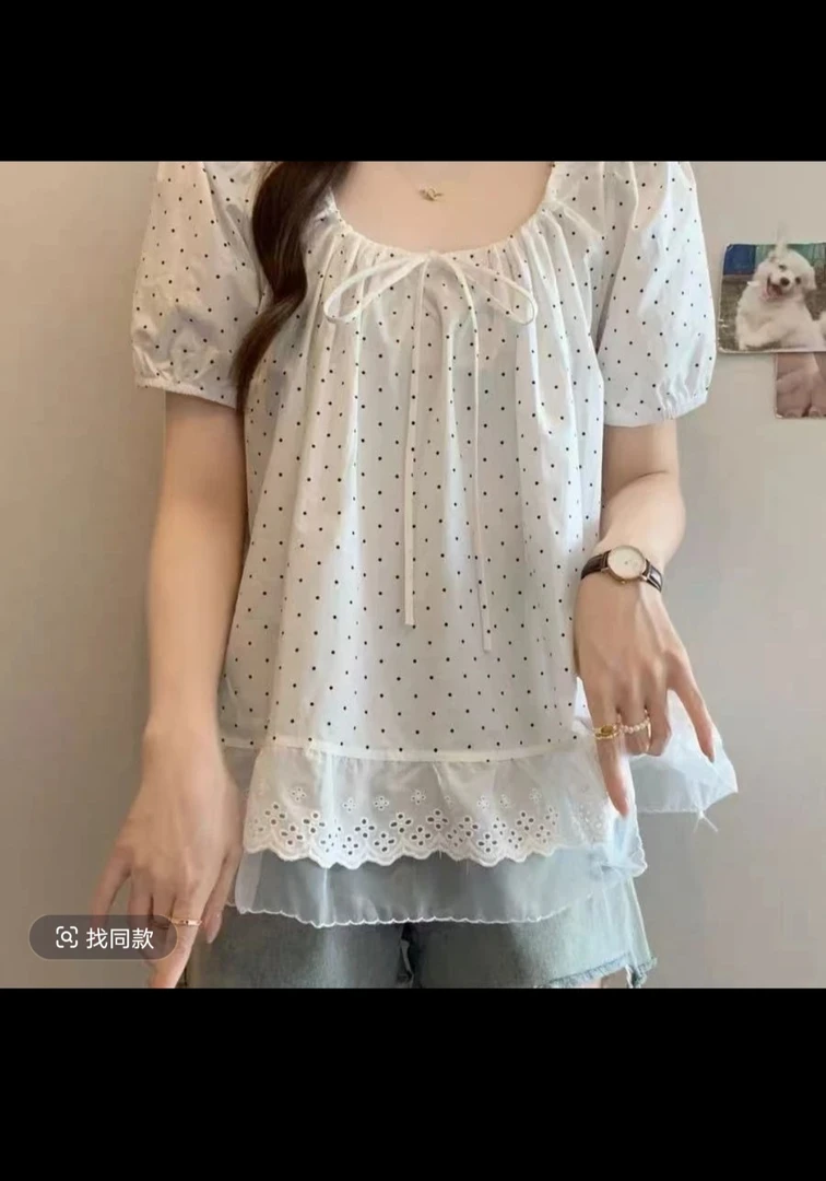 法式甜美方领蕾丝拼接波点短袖衬衫2025夏季娃娃服宽松遮肉上衣