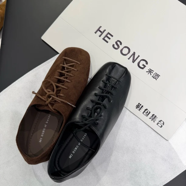 方头深口透气纯色低跟系带单鞋女士百搭圆头牛津鞋