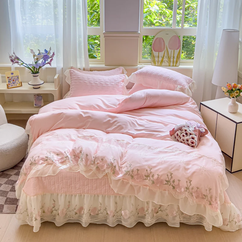 【多功能床盖四件套】被套夹棉可以当夏凉被韩版蕾丝四季用公主风