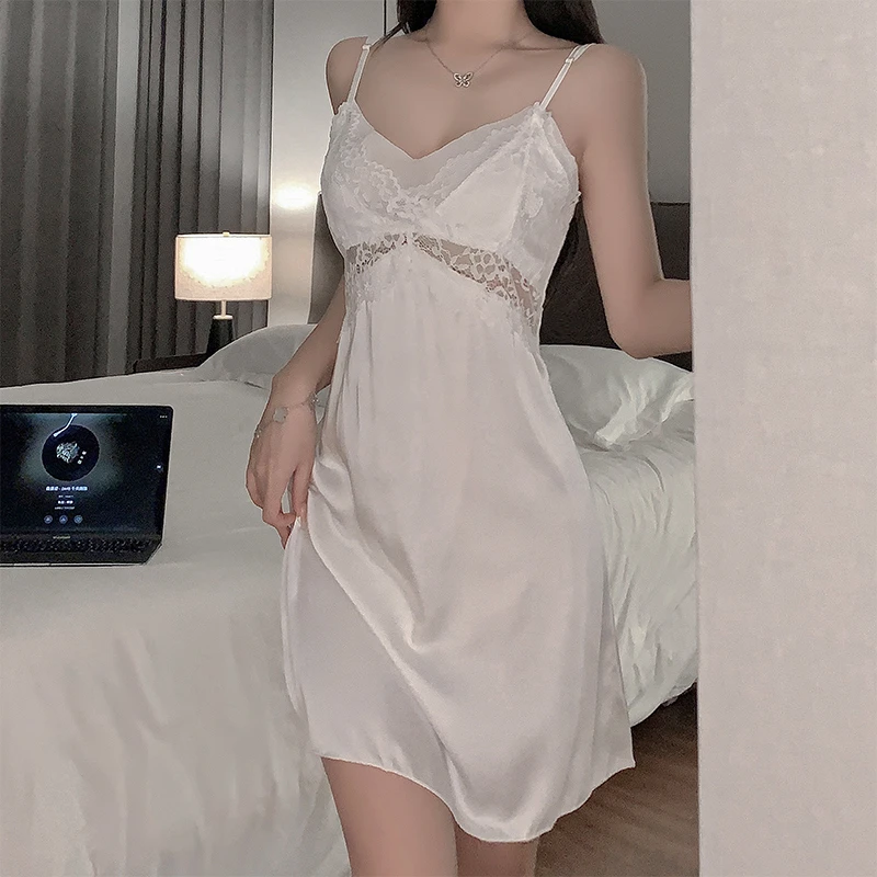 萌洛姬睡裙女带胸垫吊带睡衣2025新款冰丝性感蕾丝纯欲风家居服