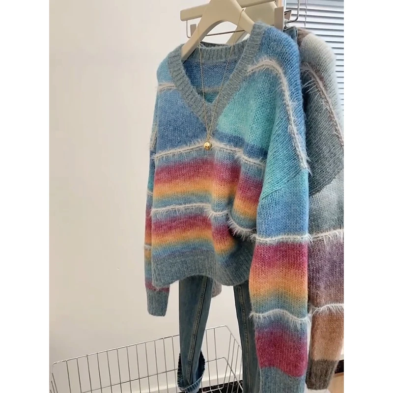 彩虹条纹v领松弛感软糯套头外穿毛衣女装小个子宽松慵懒风高级感