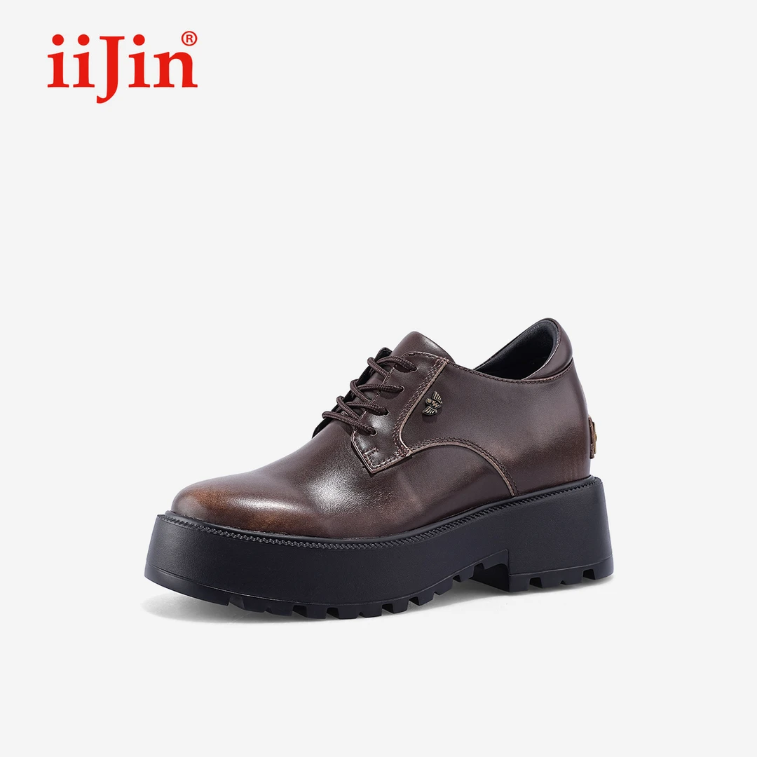 iiJin艾今25秋新品8.5cm厚底内增高超轻擦色小皮鞋单鞋女982ENA